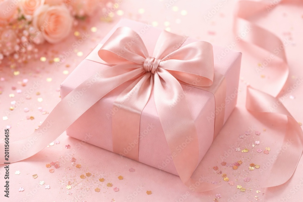 Obraz premium Soft pink gift box with smooth satin ribbon placed on pastel pink tabletop for joyful occasions