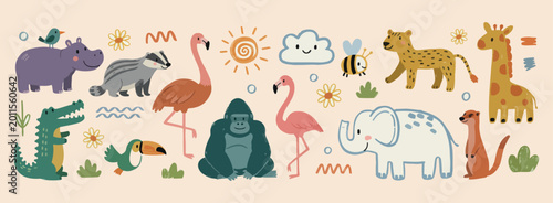 Tableau sur toile zoo animal pattern, cute wild friends, exotic safari life, funny flamingo primat