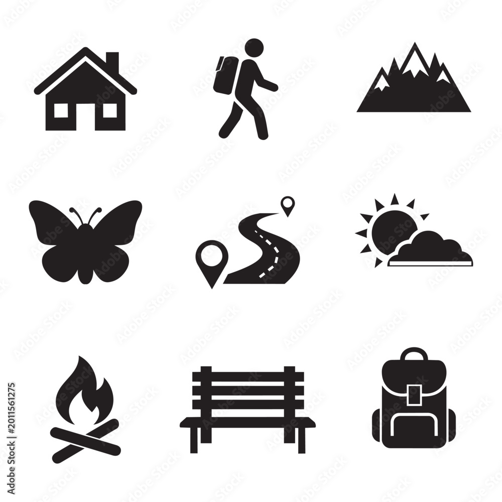Fototapeta premium Outdoor recreation and camping vector icon set. Hiking, nature, travel, and park black silhouettes isolated 