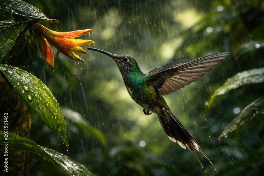 Fototapeta premium Lively Green Hermit hummingbird capturing nectar in pouring rain within thick tropical rainforest greenery
