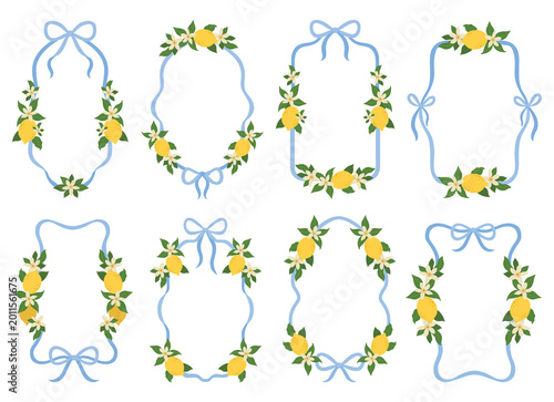 Elegant set of decorative lemon floral frames, fresh citrus fruits, green leaves, delicate white blossoms with soft blue ribbon bows. This clean, modern illustration collection includes multiple ornat
