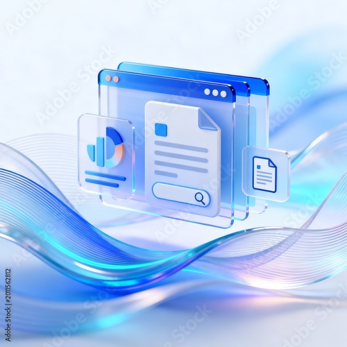 3D Glassmorphism Digital Office Document Data Analysis Scene