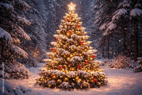Snow-blanketed Christmas tr...