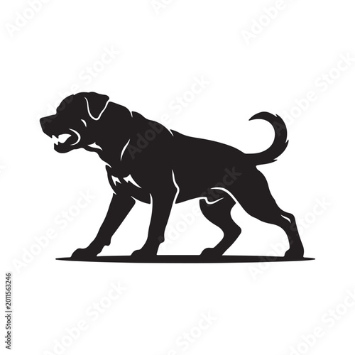 Black silhouette of a Rottweiler dog in an aggressive stance white