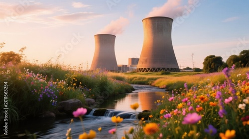 A tranquil morning scene featuring cooling towers of a nuclear power plant surrounded by vibrant flowers and a serene stream. Nature blends with industry beautifully.