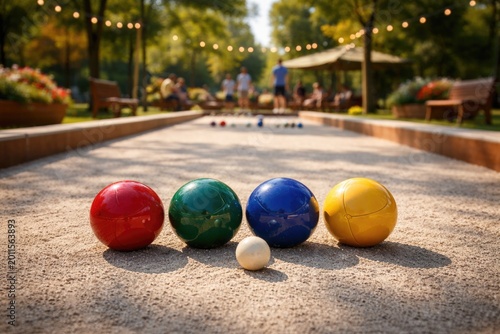 Outdoor bocce court with vivid balls aligned for an enjoyable game in daylight