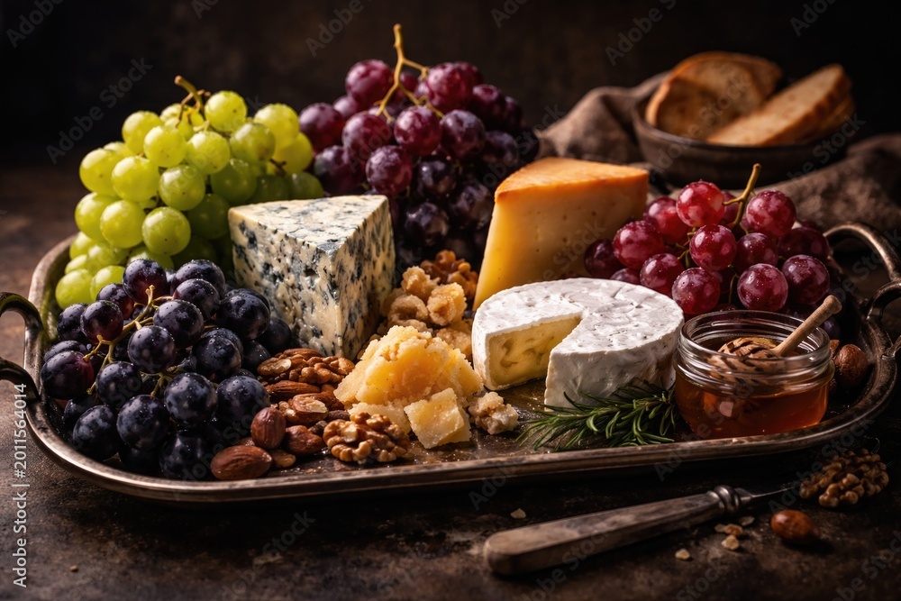 Fototapeta premium Tasteful collection of wine grapes and aged cheeses arranged on tray with dark background