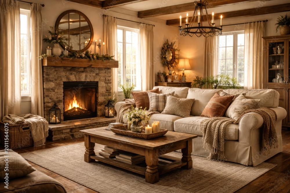 Obraz premium warm and charming farmhouse style living room background