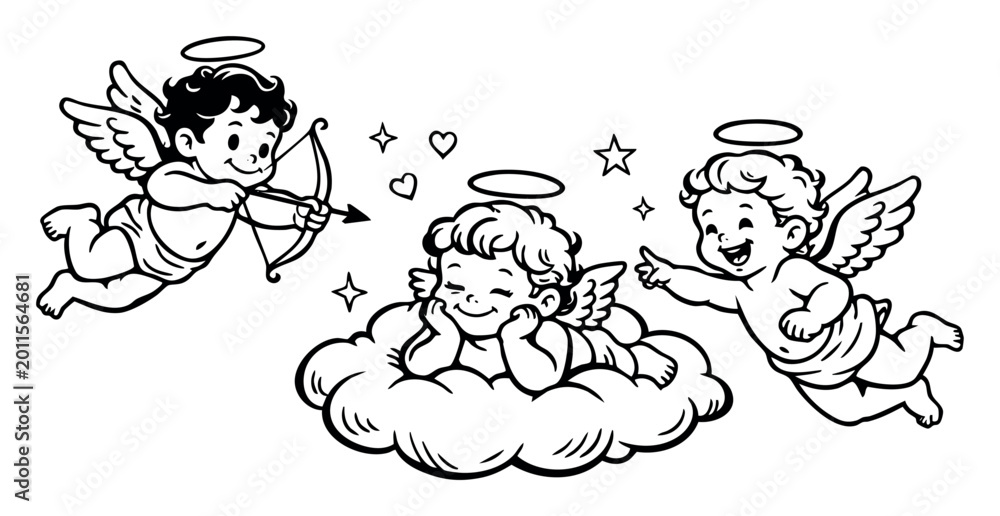 Fototapeta premium Three cherubs with halos and wings creating a charming scene full of love and celebration for holidays