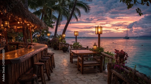 Tropical beach bar at sunset with tiki torches and ocean views.