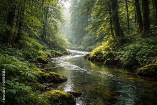 Calming river winding through verdant forest with abundant greenery background