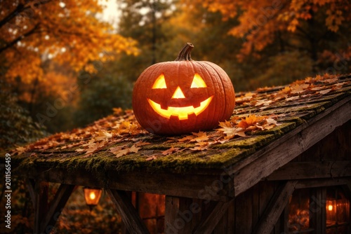 Smiling carved pumpkin plac...