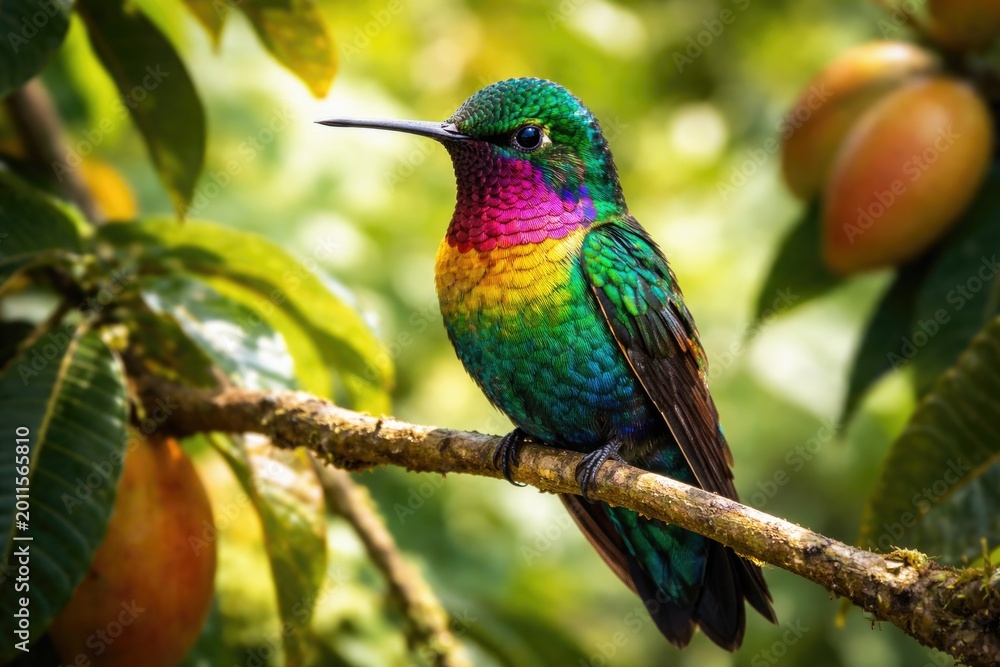 Fototapeta premium Mango hummingbird displaying bright plumage while perched outdoors