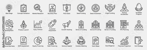Startup Funding and Investor Pitch Workflow Line Icon Pack, Including Idea Stage, Market Research, Business Plan, Pitch Deck, Seed Funding, Angel Investment, Product Launch, SAFE Agreement, and more. 