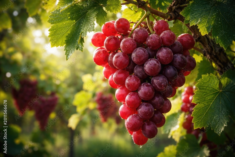 Naklejka premium Red seedless grapes clustered on a vine with grape leaves emphasizing the beauty of flowering plant fruit