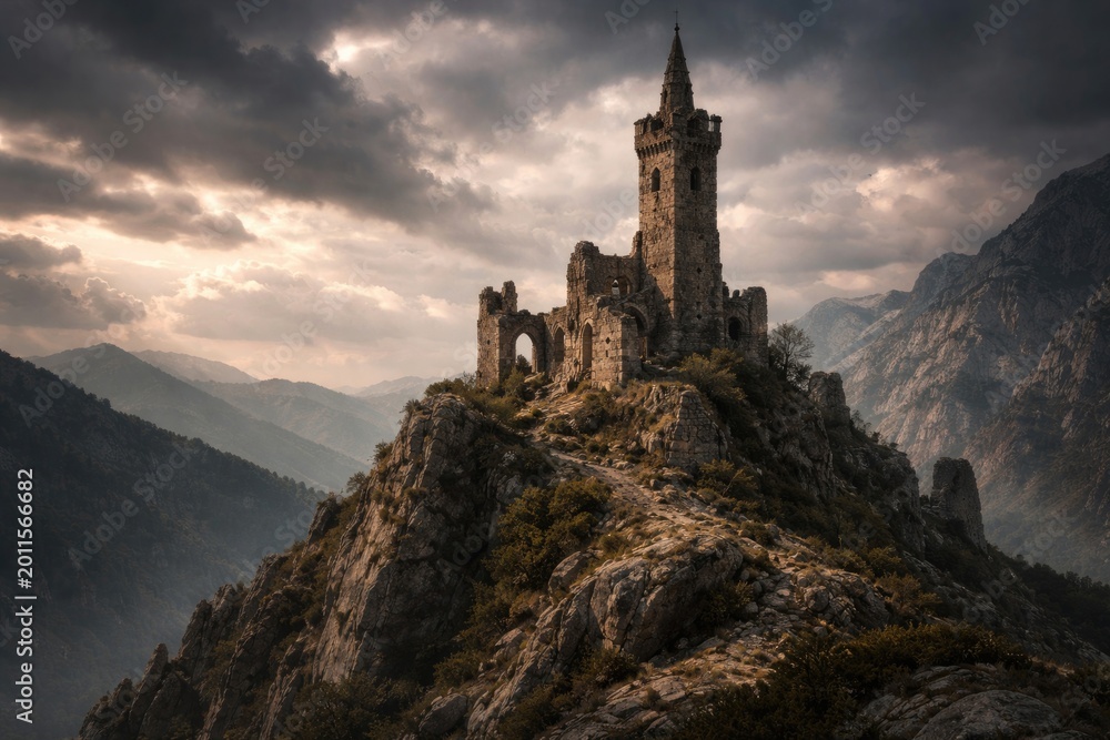 Obraz premium Old monastery tower ruins perched atop a rocky mountain ridge under dramatic sky