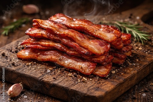 Smoked bacon pieces neatly ...