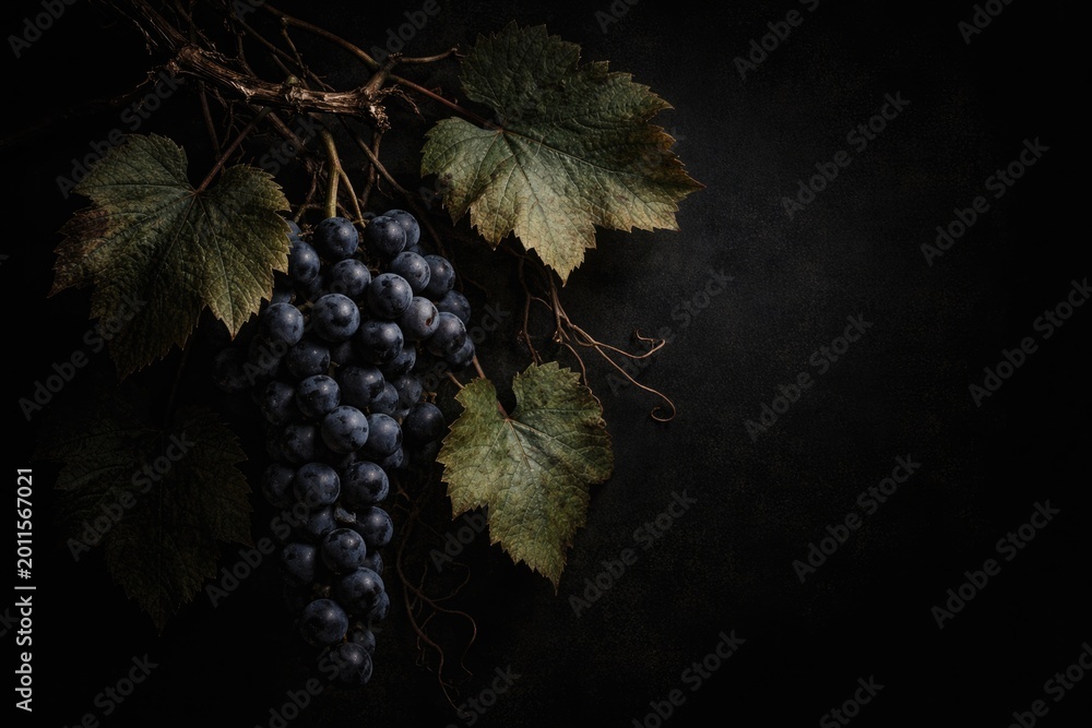 Fototapeta premium Moody dark composition of grape branch and leaves on black background with text space
