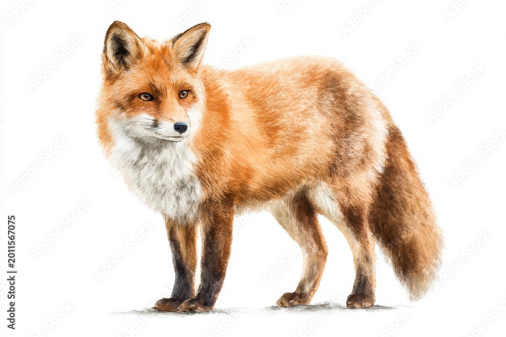 Fototapeta premium Hand-painted fox portrait in soft watercolor tones against a clean white backdrop