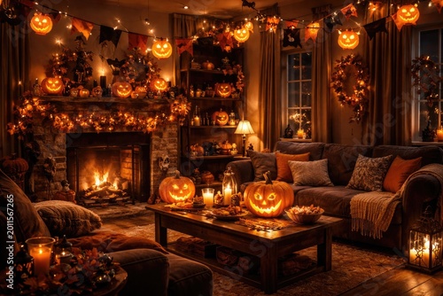 Spooky decorated autumn int...