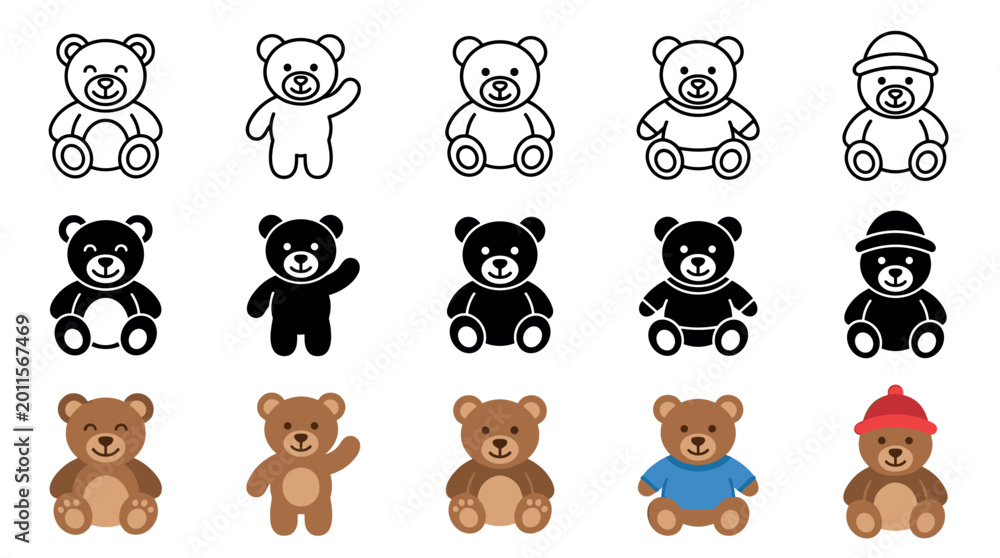 Obraz premium Teddy bear icons in various styles and poses, including outline, solid, and colored versions, perfect for children's designs and playful themes.