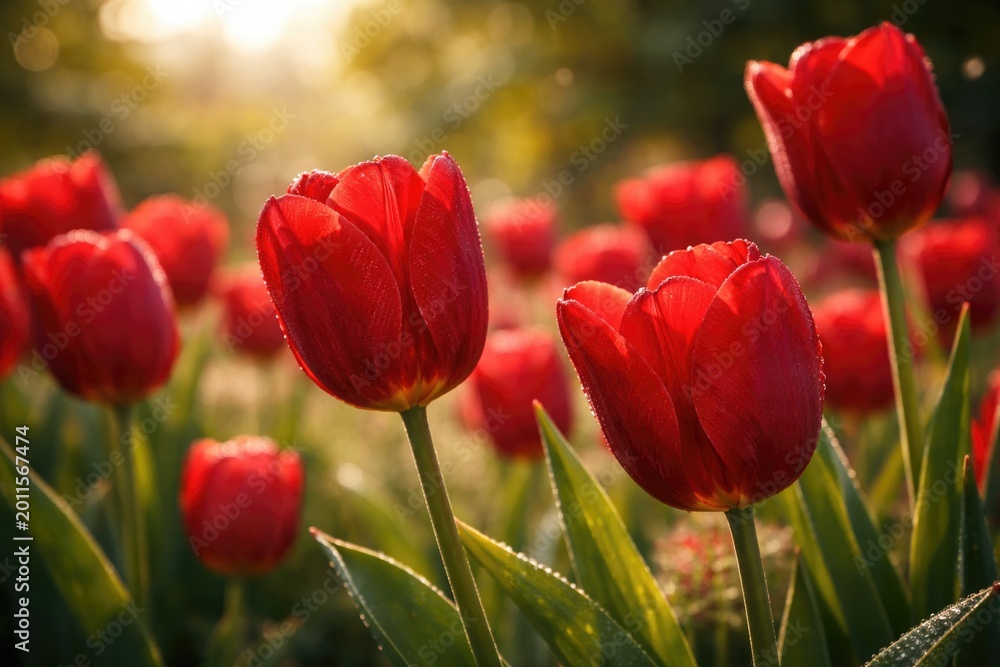 Obraz premium Sunlit close up of velvety red tulip flowers in natural outdoor scene
