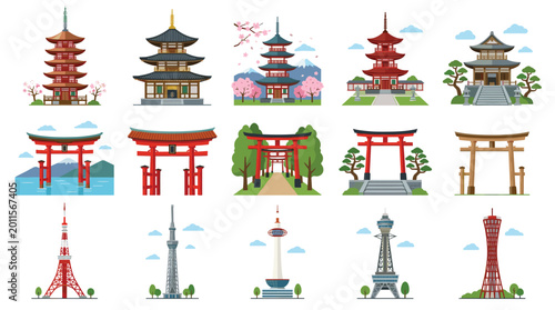 A comprehensive set of various Japanese architectural icons showcases multiple pagoda designs, traditional wooden torii gates, and famous modern city towers in flat style.