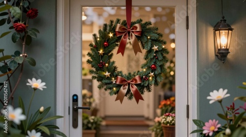A beautifully decorated Christmas wreath hangs on a front door, adorned with bows and lights. Surrounding flowers create a warm and inviting festive atmosphere.