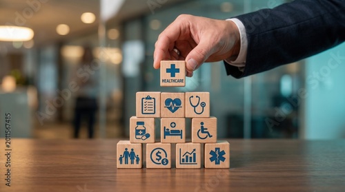 Healthcare concept depicted with a hand placing a top block with plus sign