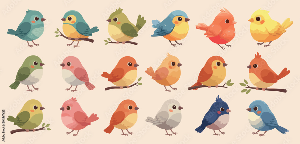 Fototapeta premium Variety of bird species, Cute garden bird set, Wild avian animal graphics, Songbird and parrot doodles, Nature lover bird illustrations, Colorful bird watcher stickers, Feathered friend symbol collect