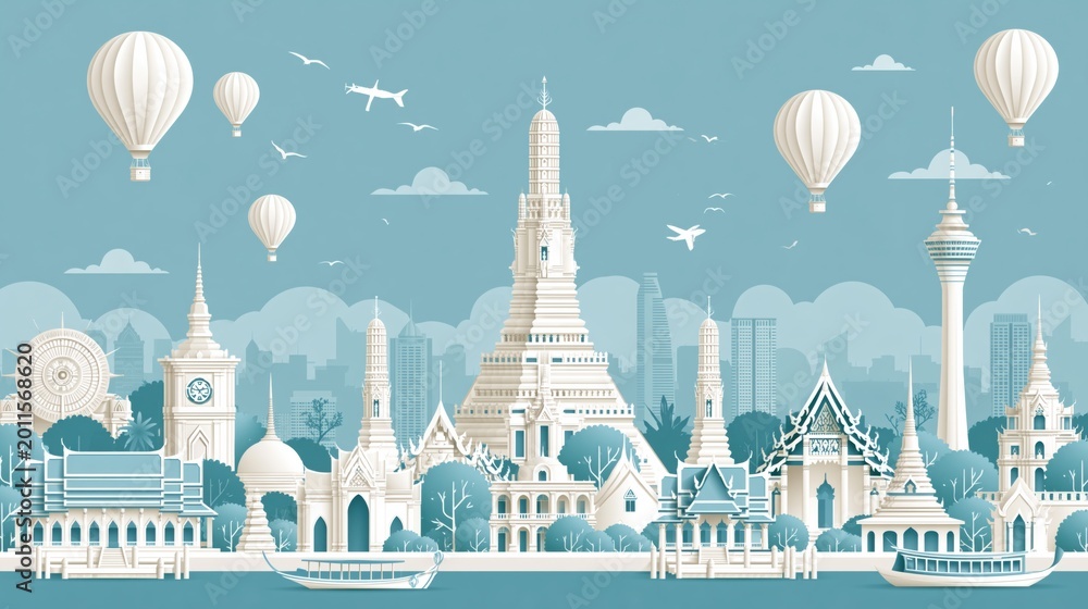 Obraz premium Minimalist illustration of thailand city skyline with temples and hot air balloons illustration.