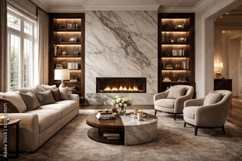 Fototapeta premium Upscale country home living room with sophisticated marble wall fireplace and large vertical bookcase