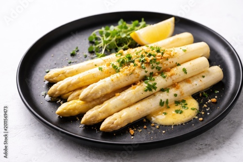 Plated white asparagus on b...