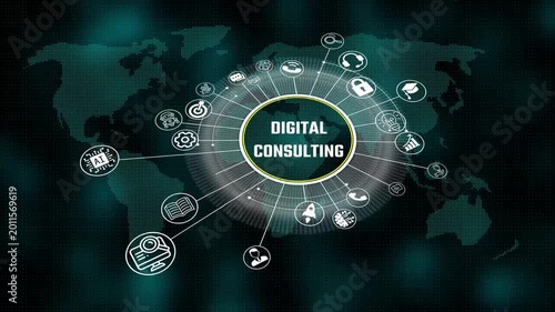 digital consul ting 3d illustration. Business, Technology, Internet and network concept. virtual screen of the future and sees the inscription. 4k video animation and world map