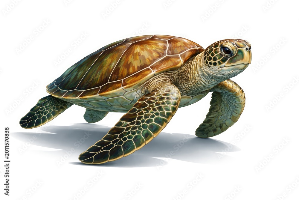 Fototapeta premium graphic representation of a sea turtle with subtle shadow on white background