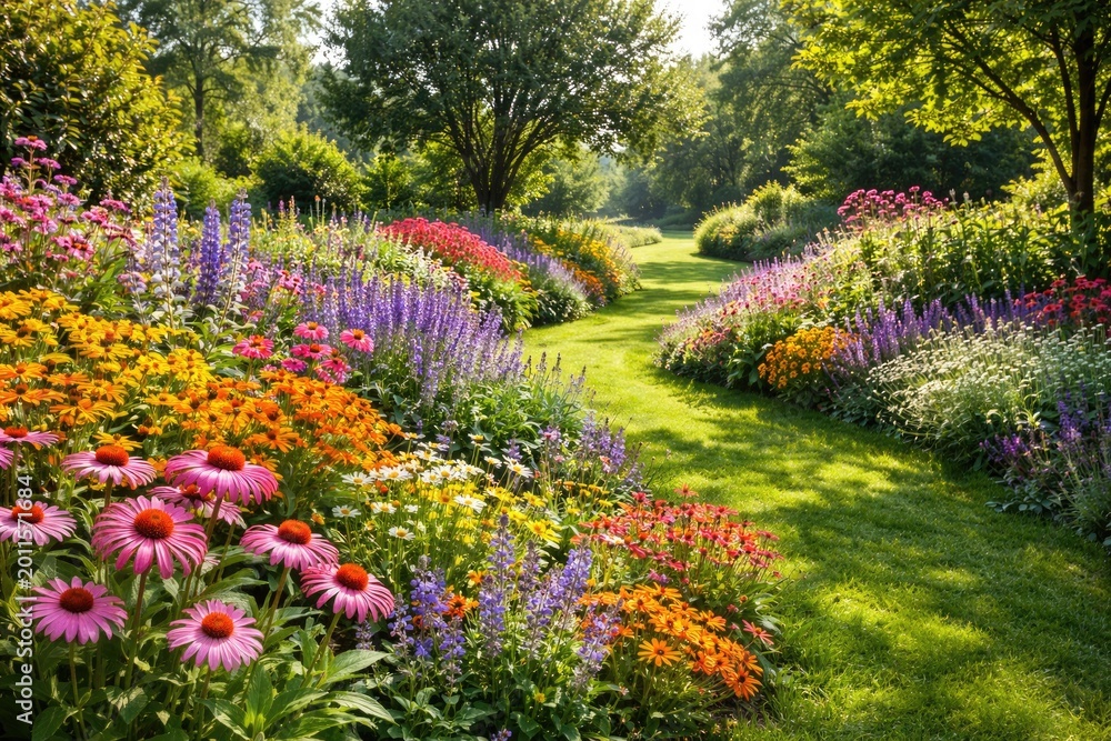 Obraz premium Summer day with colorful flowers and fresh green grass in a scenic garden