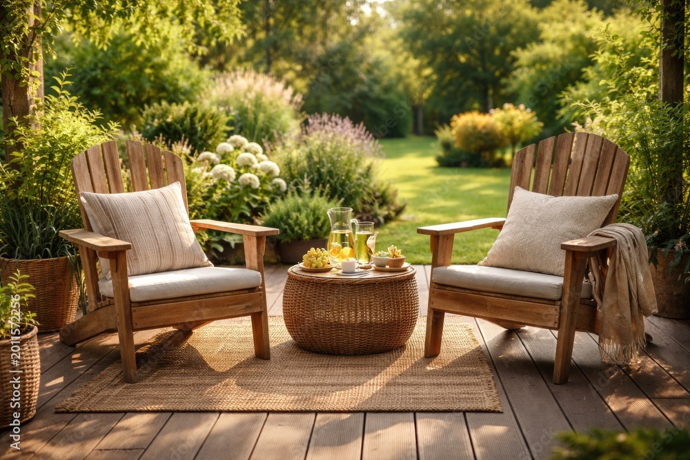 Fototapeta premium Summer relaxation setup featuring wooden chairs on patio floor with natural garden surroundings