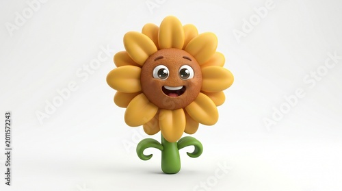 Charming 3d cartoon sunflower character with a happy smiling face and big eyes standing on a green stem presented against a clean white background