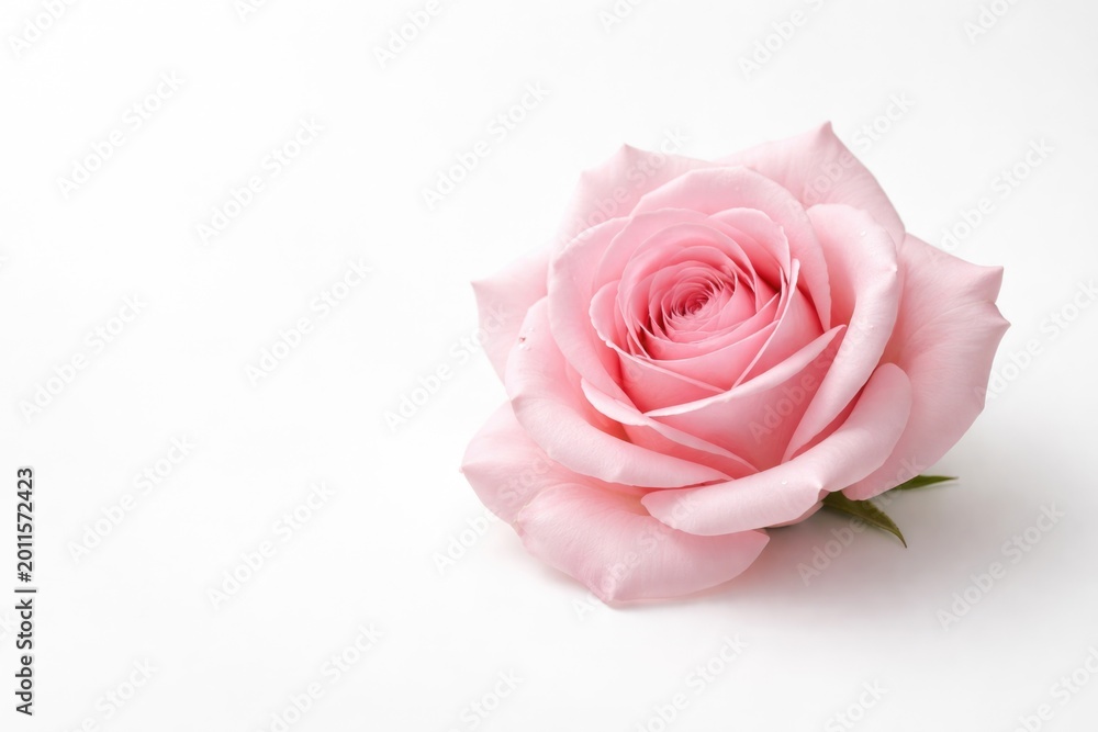 Fototapeta premium Single pink rose head on smooth white background ideal for copy space