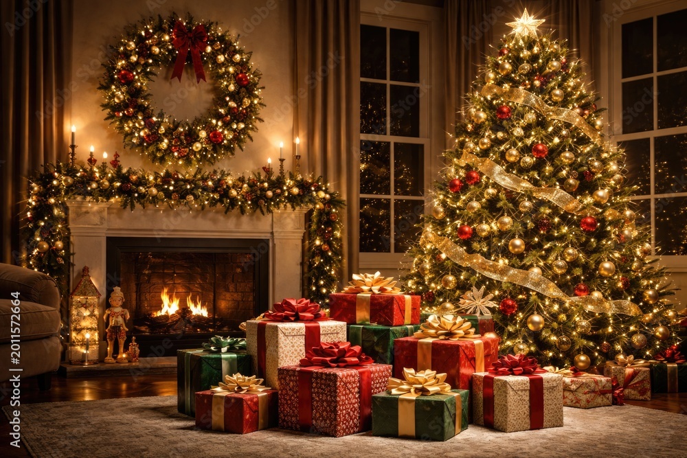 Naklejka premium Stylish holiday decorated space showcasing Christmas tree, decorative wreath, and colorful presents