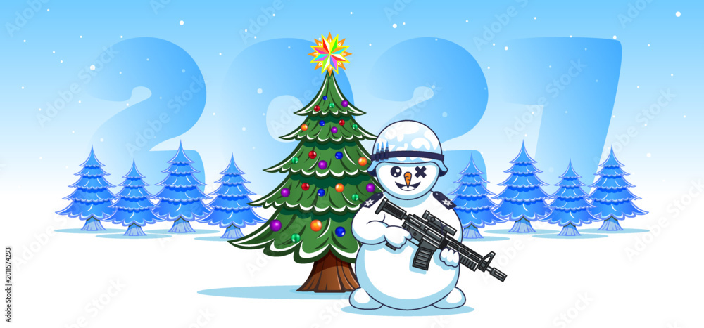 Fototapeta premium Vector comical funny smiling cartoon snowman soldier, automatic rifle, wearing military helmet, shoulder straps. 2027. Green and blue fir trees. Merry Christmas and Happy New Year. Holiday postcard