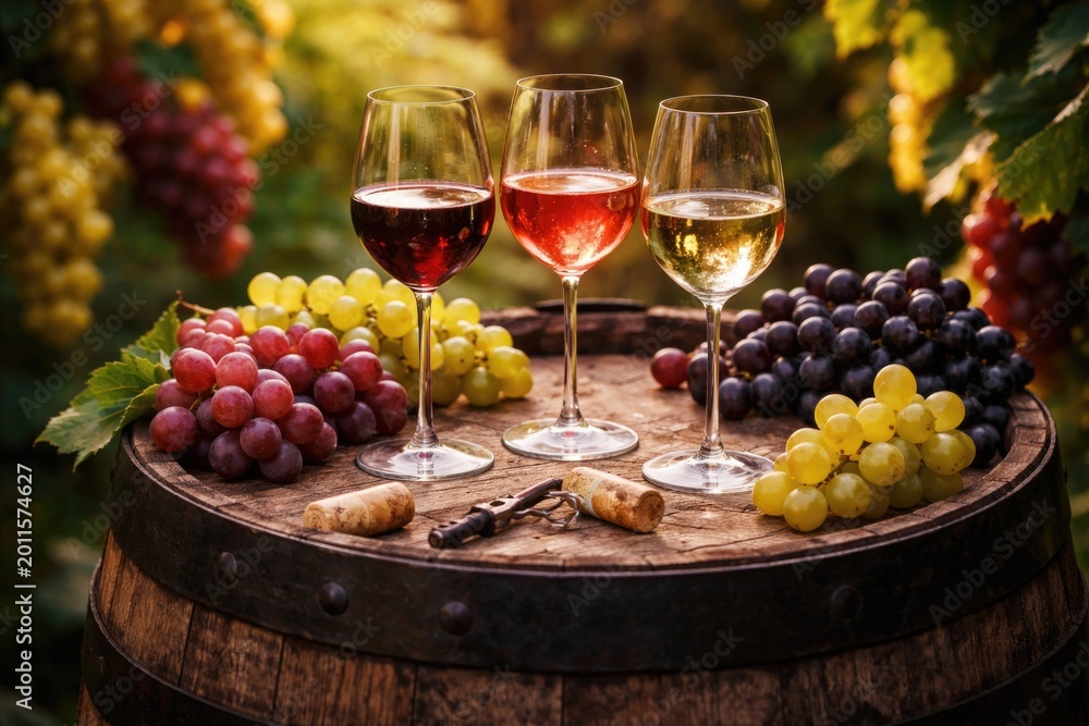 Obraz premium Wine barrel topped with red rosÃ© and white wine glasses alongside various grape clusters