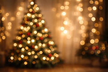 Blurred background featuring a Christmas tree lit with fairy lights perfect for holiday text