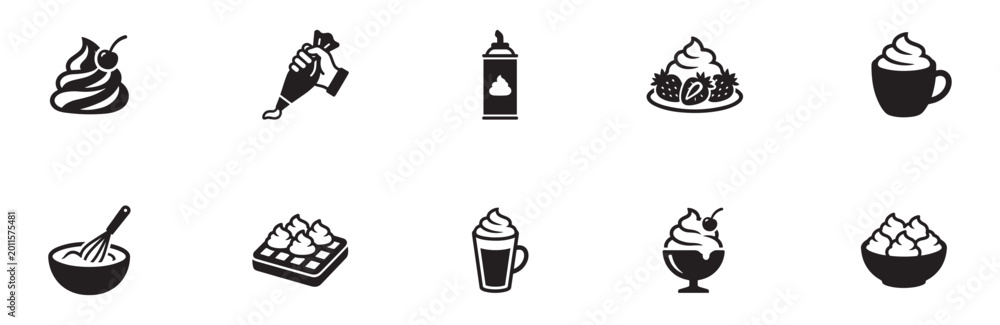 Obraz premium Whipped Cream and Sweet Dessert Icon Set. Bakery, Pastry and Dairy Product Symbols. Flat Vector Illustration.