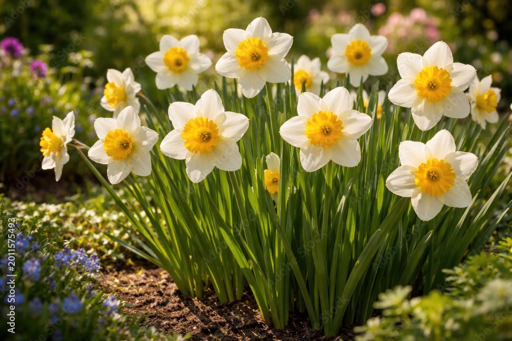 Fototapeta premium Radiant narcissus blooms thriving in a sunny garden bed