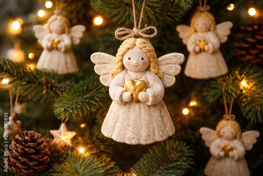 Fototapeta premium Christmas pine tree showcasing homemade salt dough angel decorations