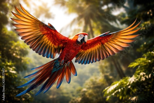 Lone macaw bird spreading c...