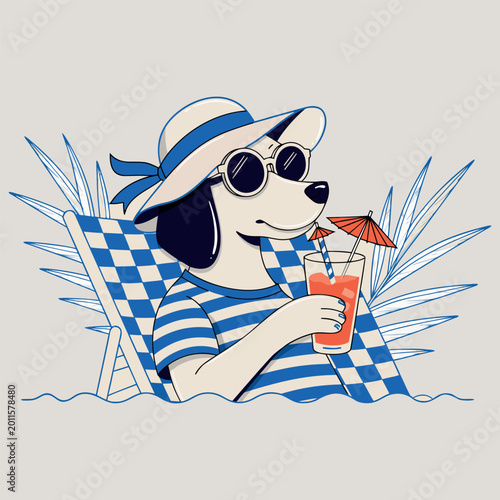 Cute Summer Dog Relaxing on Beach Chair with Cocktail Vector Illustration.Relaxing dachshund dog sitting on lounge chair with cocktail on beach.