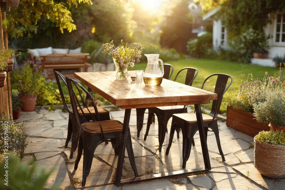 Obraz premium Cozy outdoor dining scene with wooden table and metal chairs on a sunny lawn patio