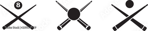 Foto Billiard cues with ball vector icon, crossed pool sticks black silhouette sports illustration set